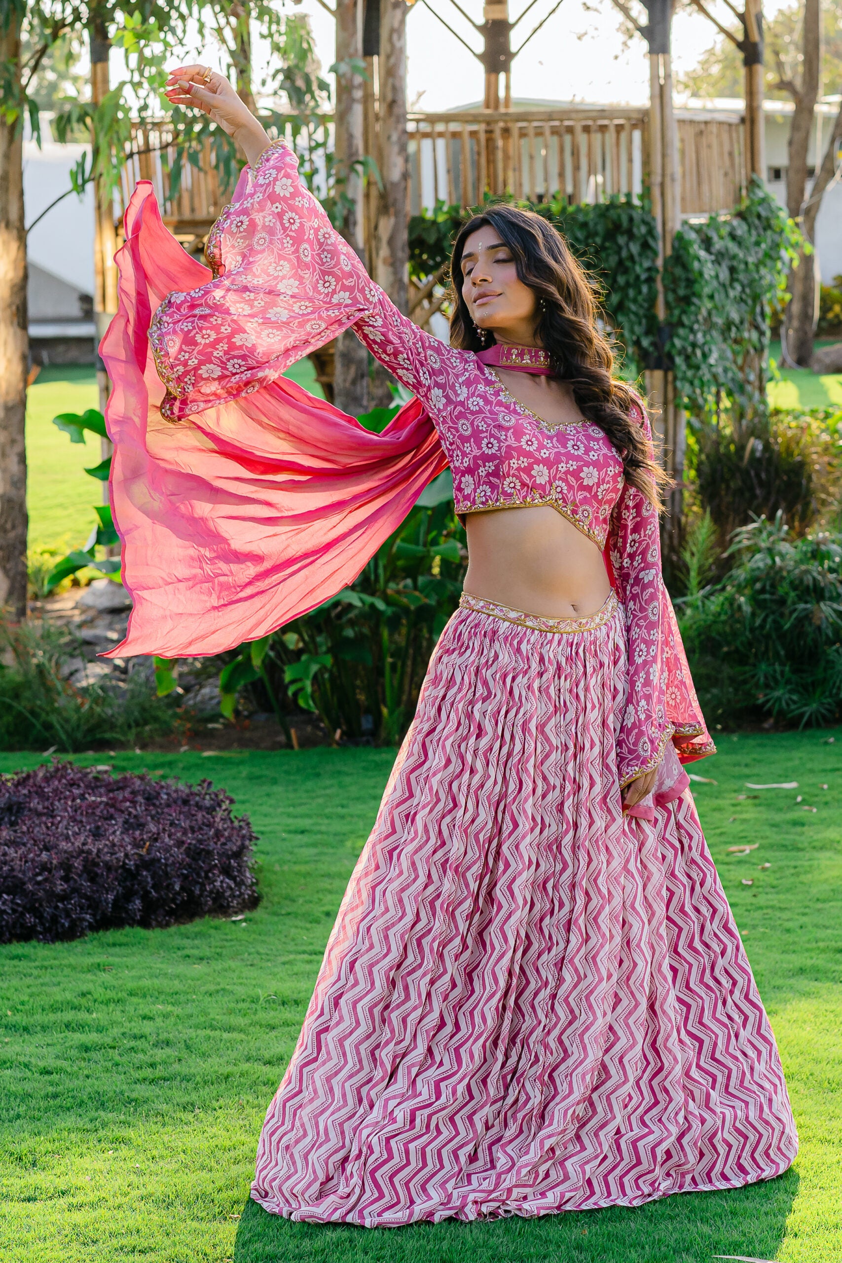Mauve Printed &amp; Embroidered Lehenga Set image 2