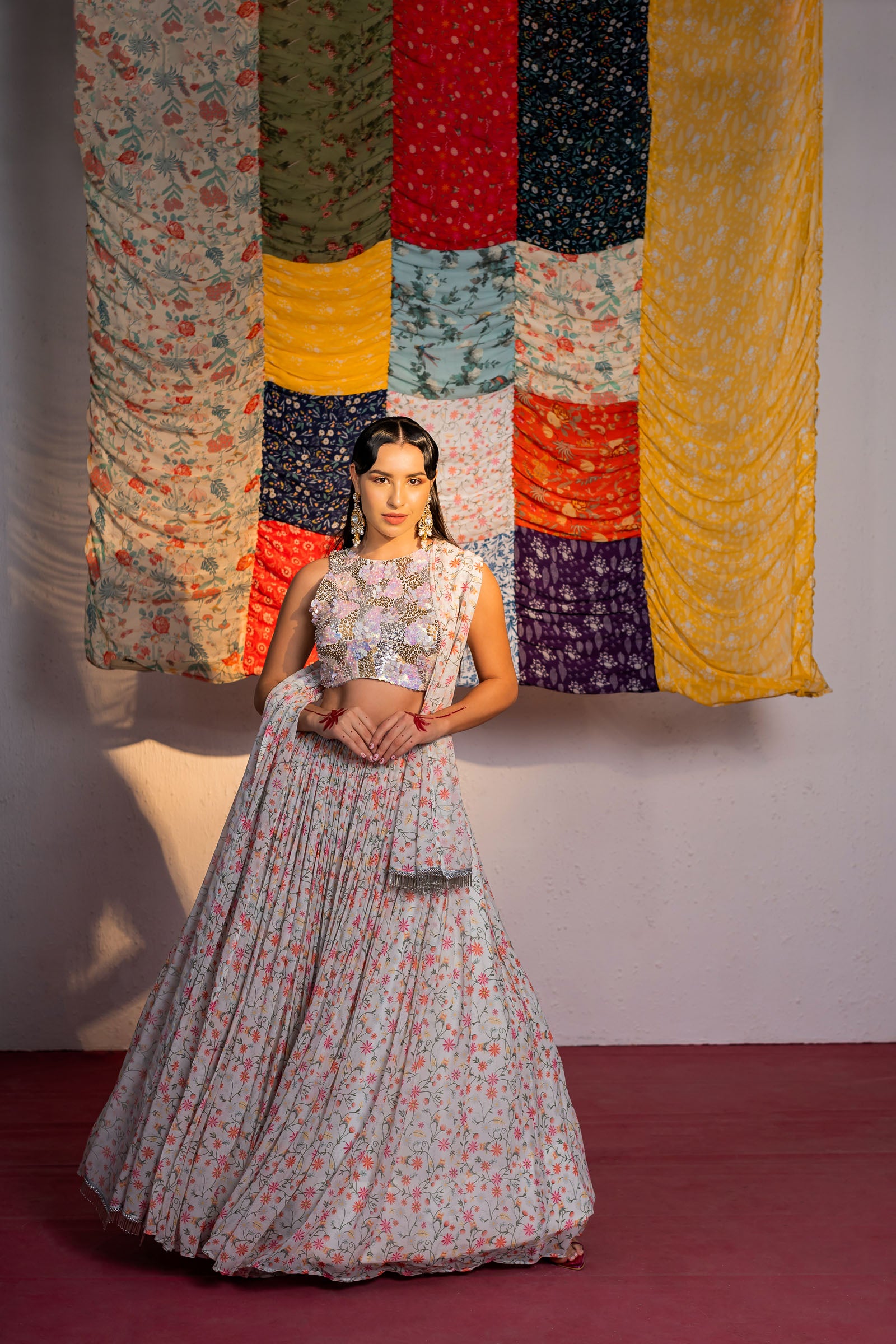 Ivory Printed And Embroidered Lehenga Set - XL image