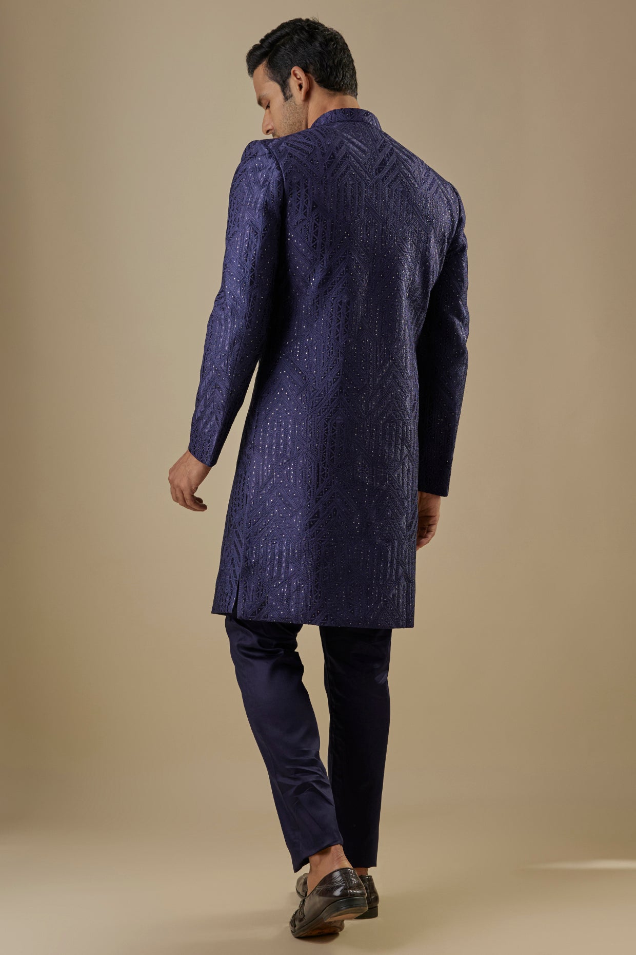 Navy Blue Geometric Embroidered Sherwani Set image 3