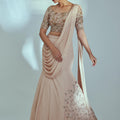 Nude Embroidered Pre Draped Dupatta Set image 0