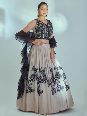 Nude and Black Embroidered Lehenga Set image 3