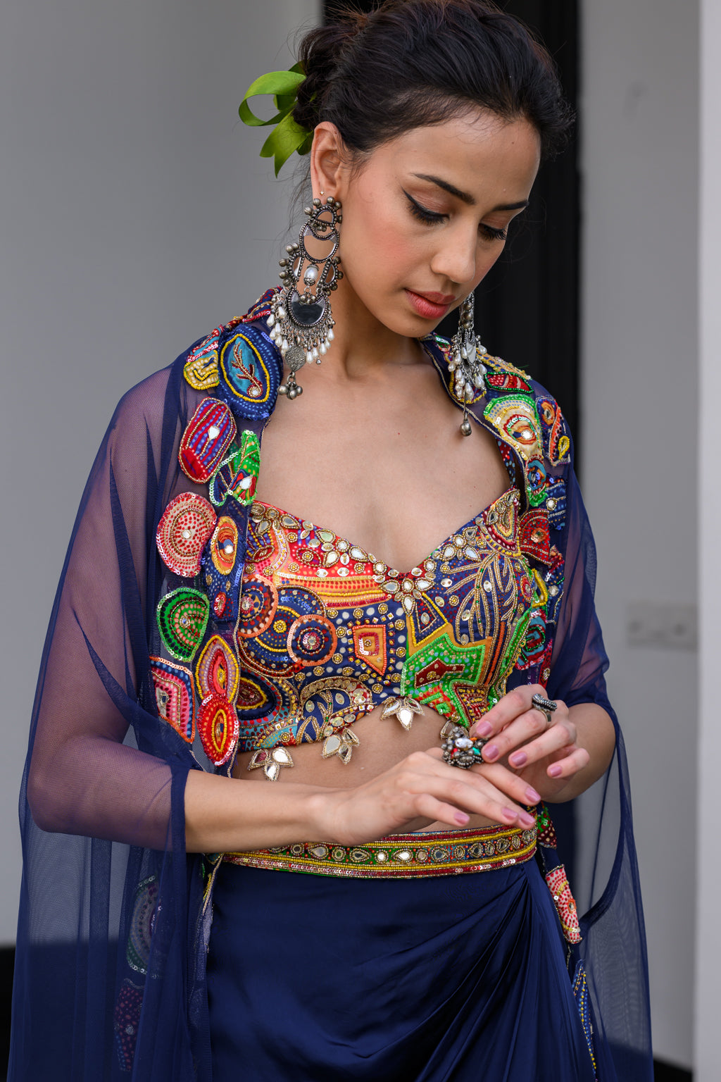 Iris Highlighted Bralette Paidawn Dhoti Skirt Set And Highlighted Applique Cape image 5