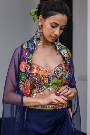 Iris Highlighted Bralette Paidawn Dhoti Skirt Set And Highlighted Applique Cape image 5