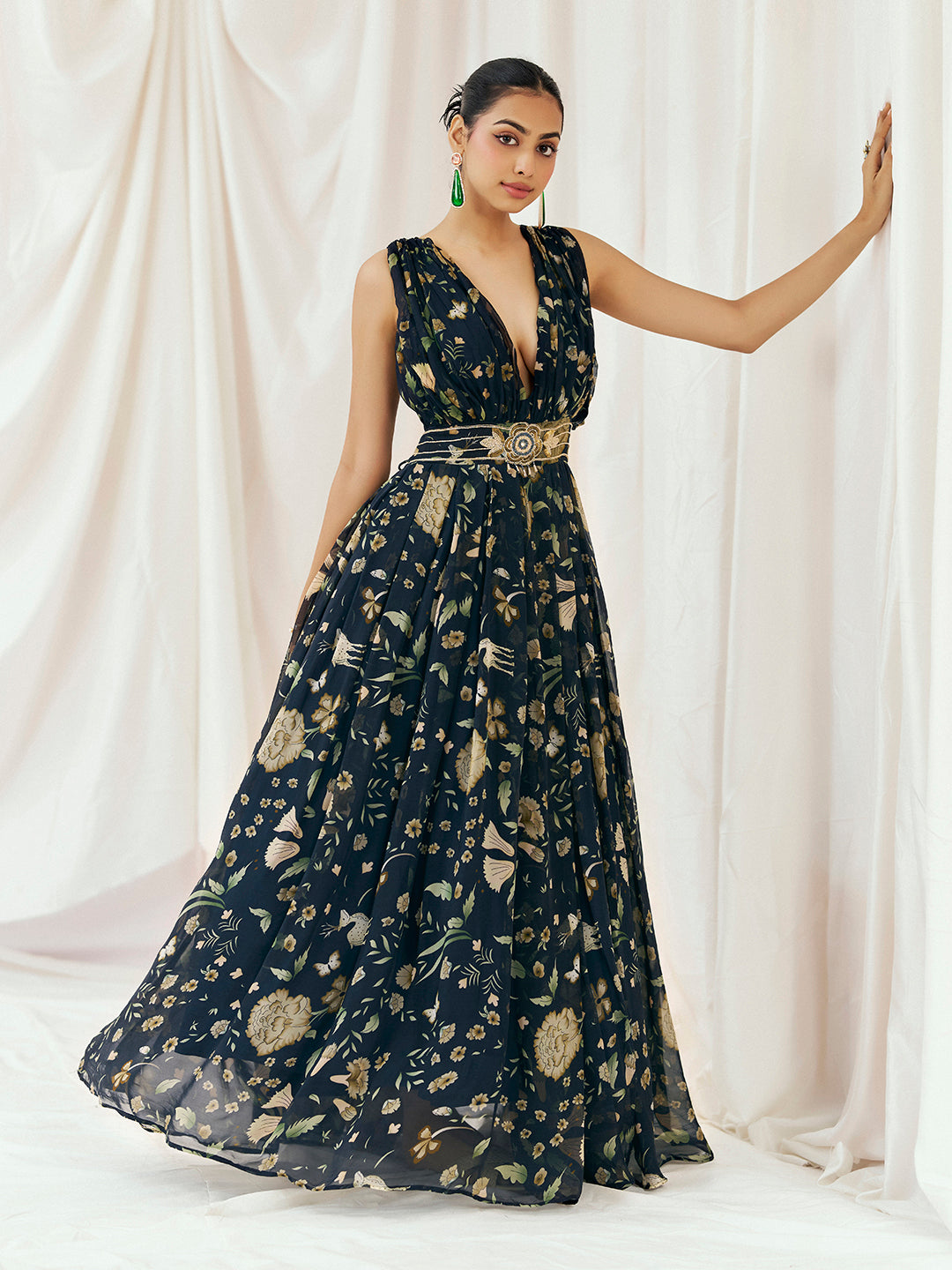 Navy Blue Printed Embroidered Gown image 4