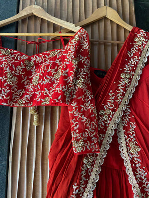 Red Ruffled Embroidered Pre-stitched Saree Set image 2