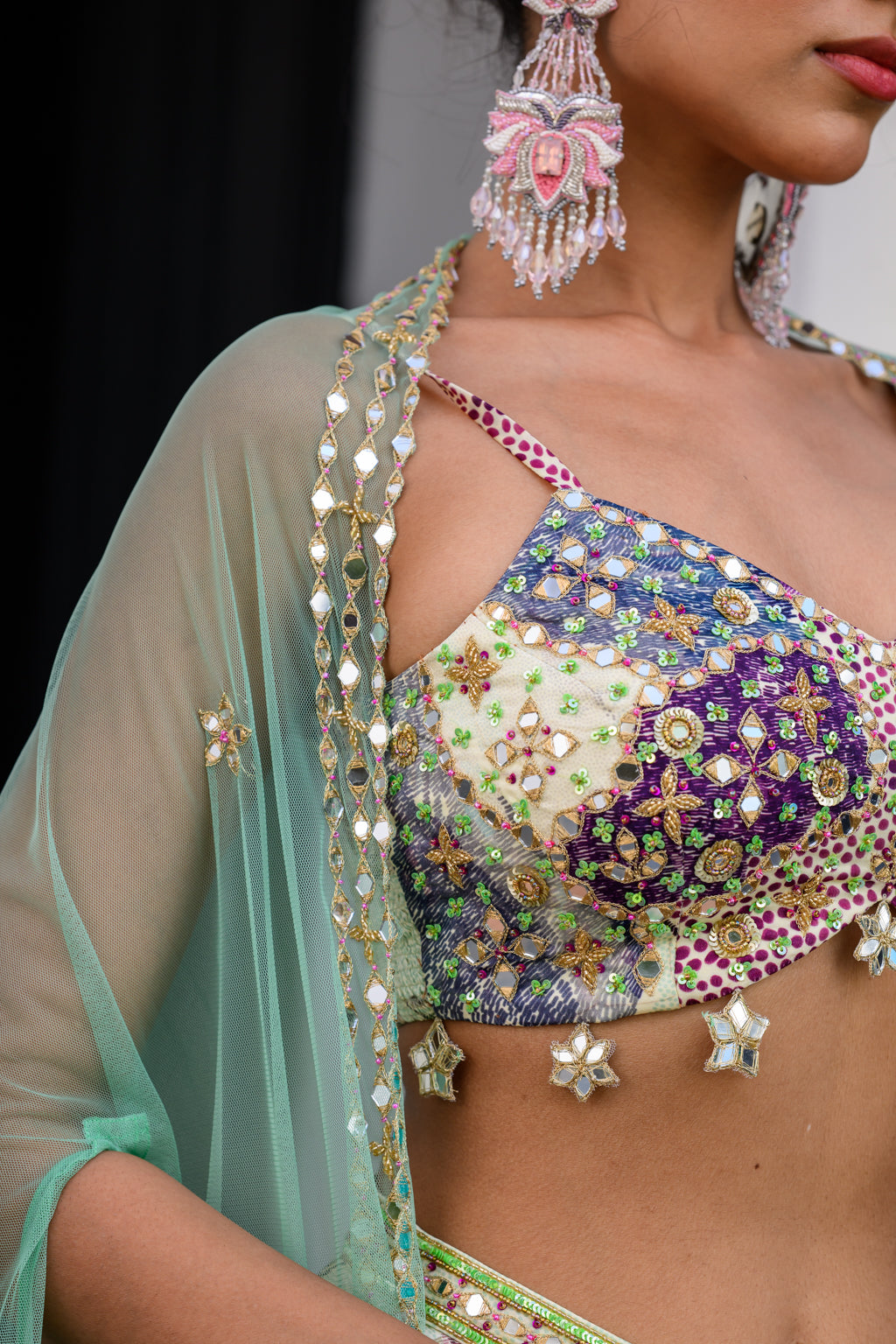 Eden Highlight Bralette With Mirror Work Paidawn With Dhoti Skirt And Cape image 2