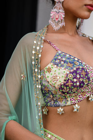 Eden Highlight Bralette With Mirror Work Paidawn With Dhoti Skirt And Cape image 2