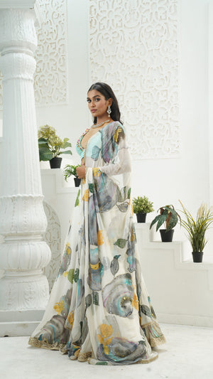Ivory hand painted lehenga and Mint bralette blouse set - S image