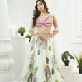 Mint Green hand painted lehenga and Butterfly blouse set image 0