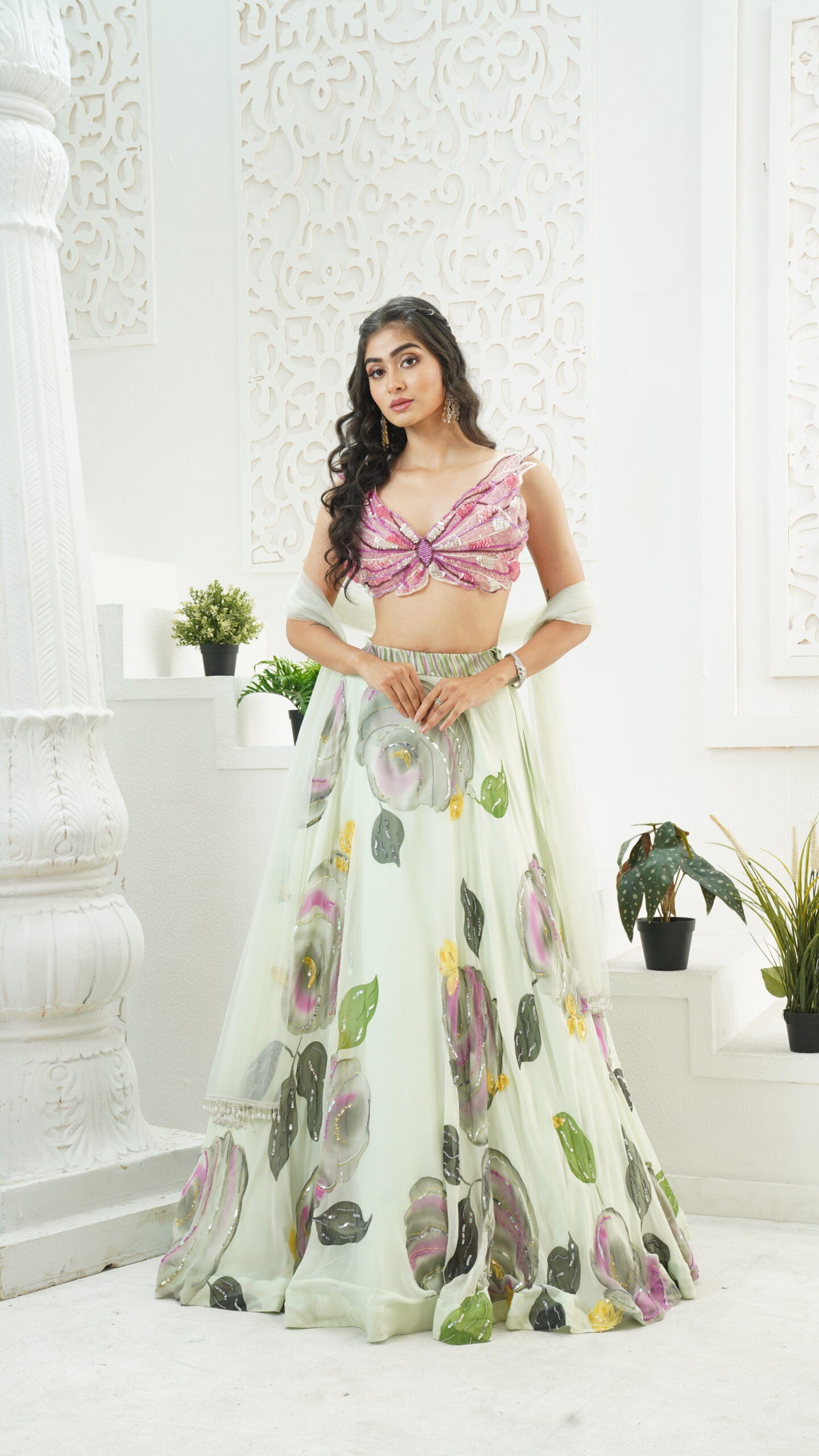 Mint Green hand painted lehenga and Butterfly blouse set image 0
