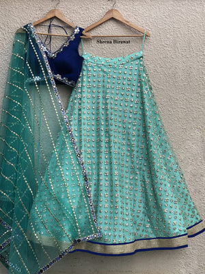 Royal Blue Blouse with Aqua Mirror Lehenga - XS image