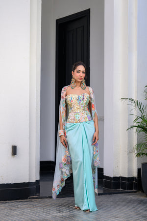 Gardenia Highlighted Corset With Dhoti Skirt And Cape - L image