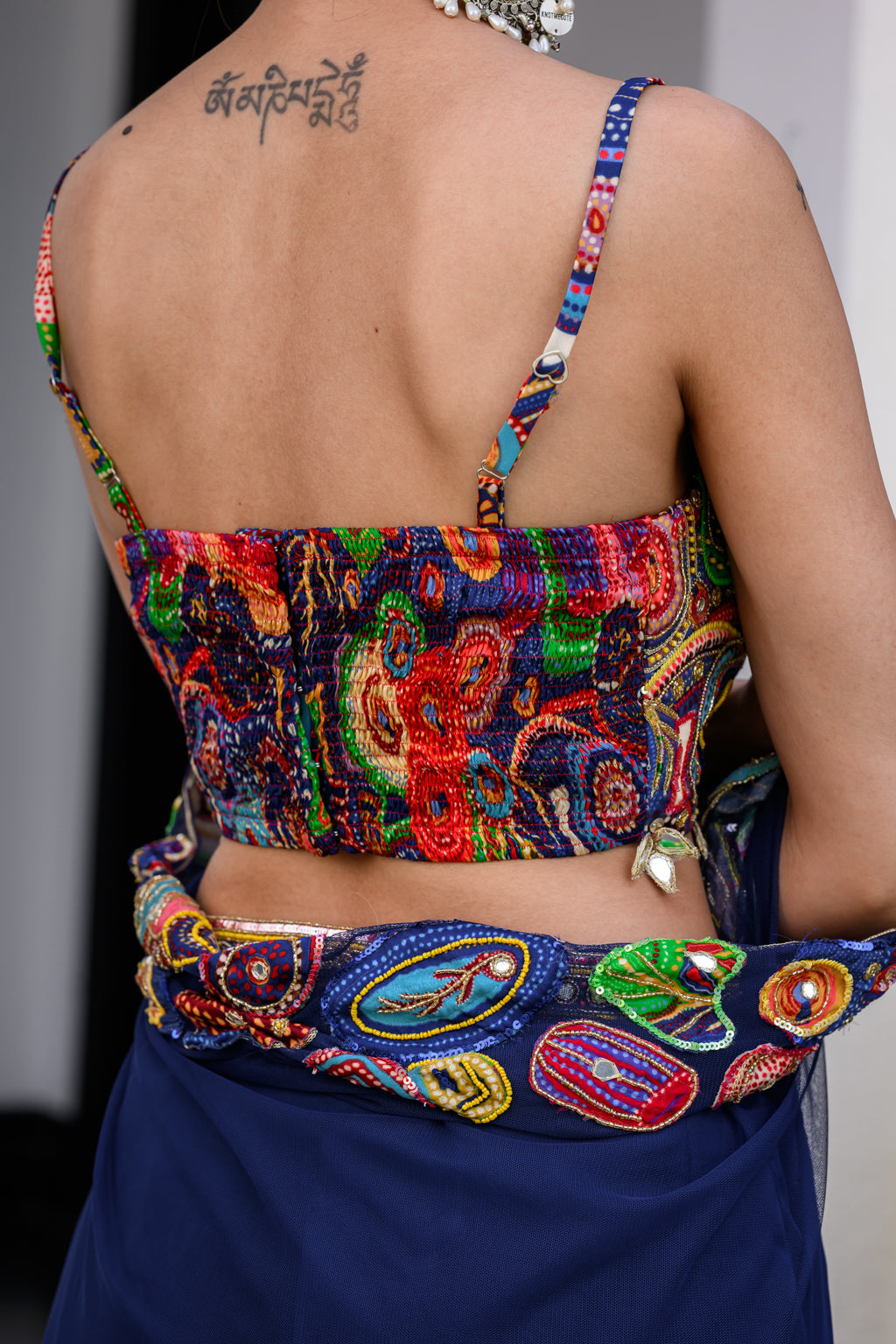 Iris Highlighted Bralette Paidawn Dhoti Skirt Set And Highlighted Applique Cape image 2