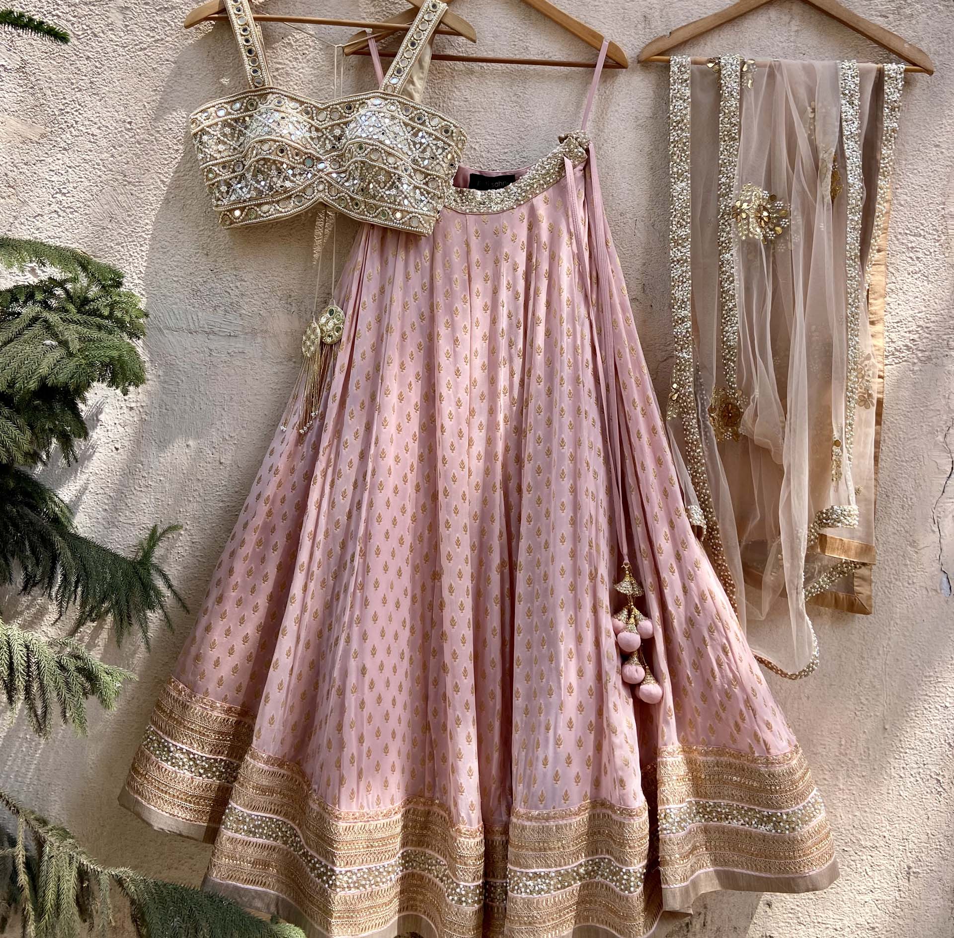 Nude Pink Lehenga Set with Nude Dupatta - M image