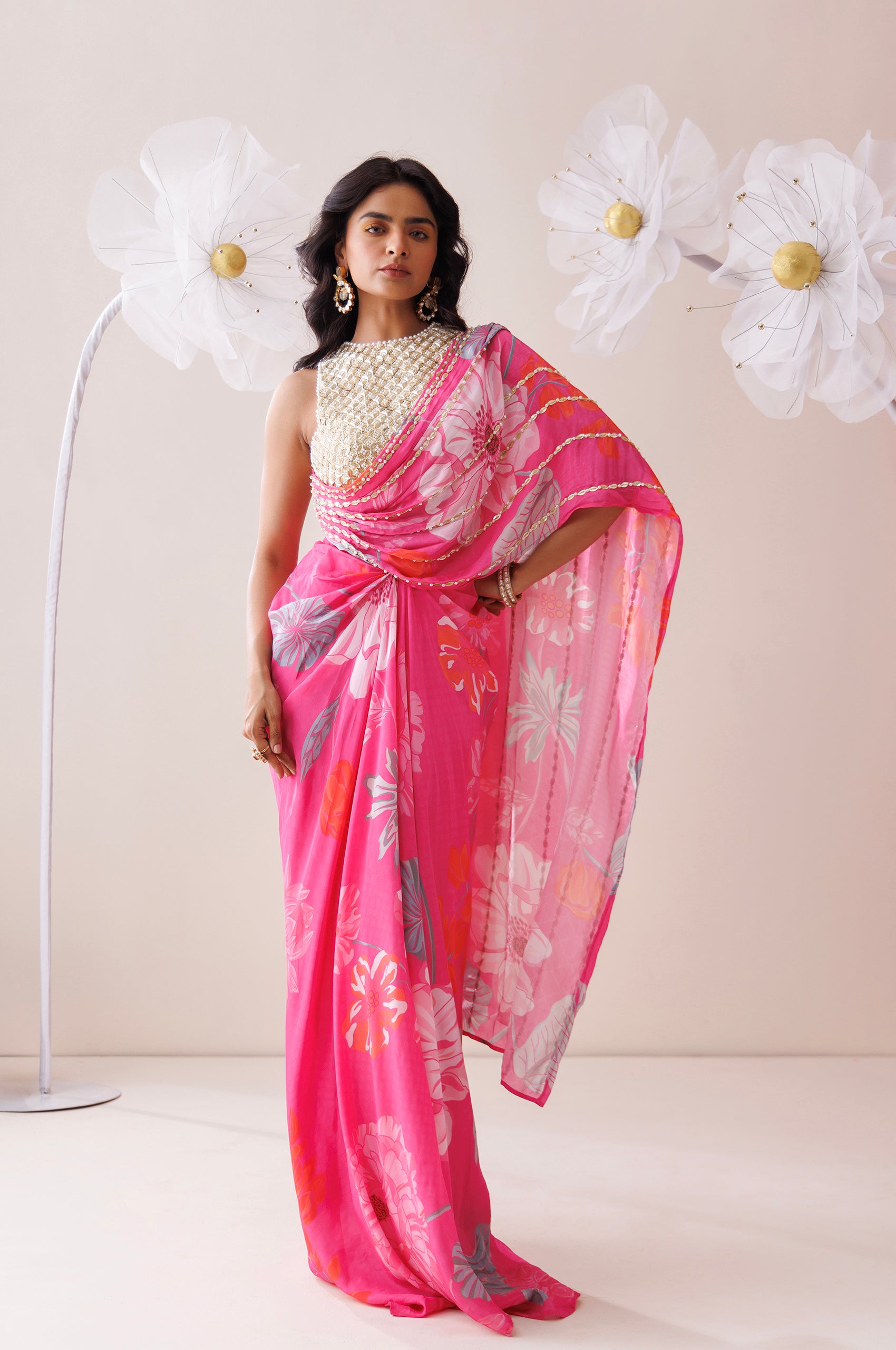 Pink and Golden Saree Style Co-ord Set image 4