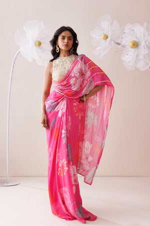 Pink and Golden Saree Style Co-ord Set image 4