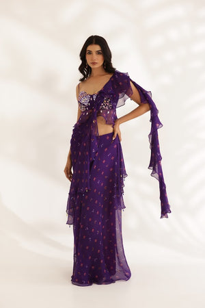 Purple Bandhani Pre-Drape Saree Set - XL image