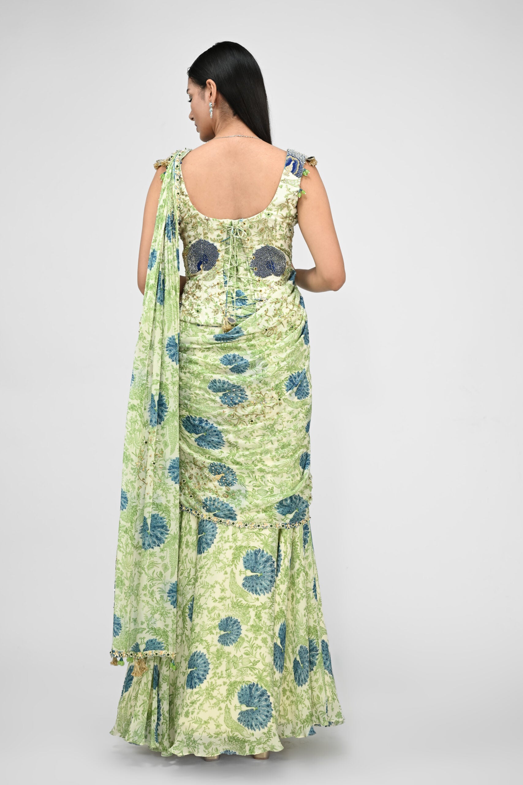 Peacock Highlighted Pre Stitched Saree Paired with Highlighted Corset Blouse image 2