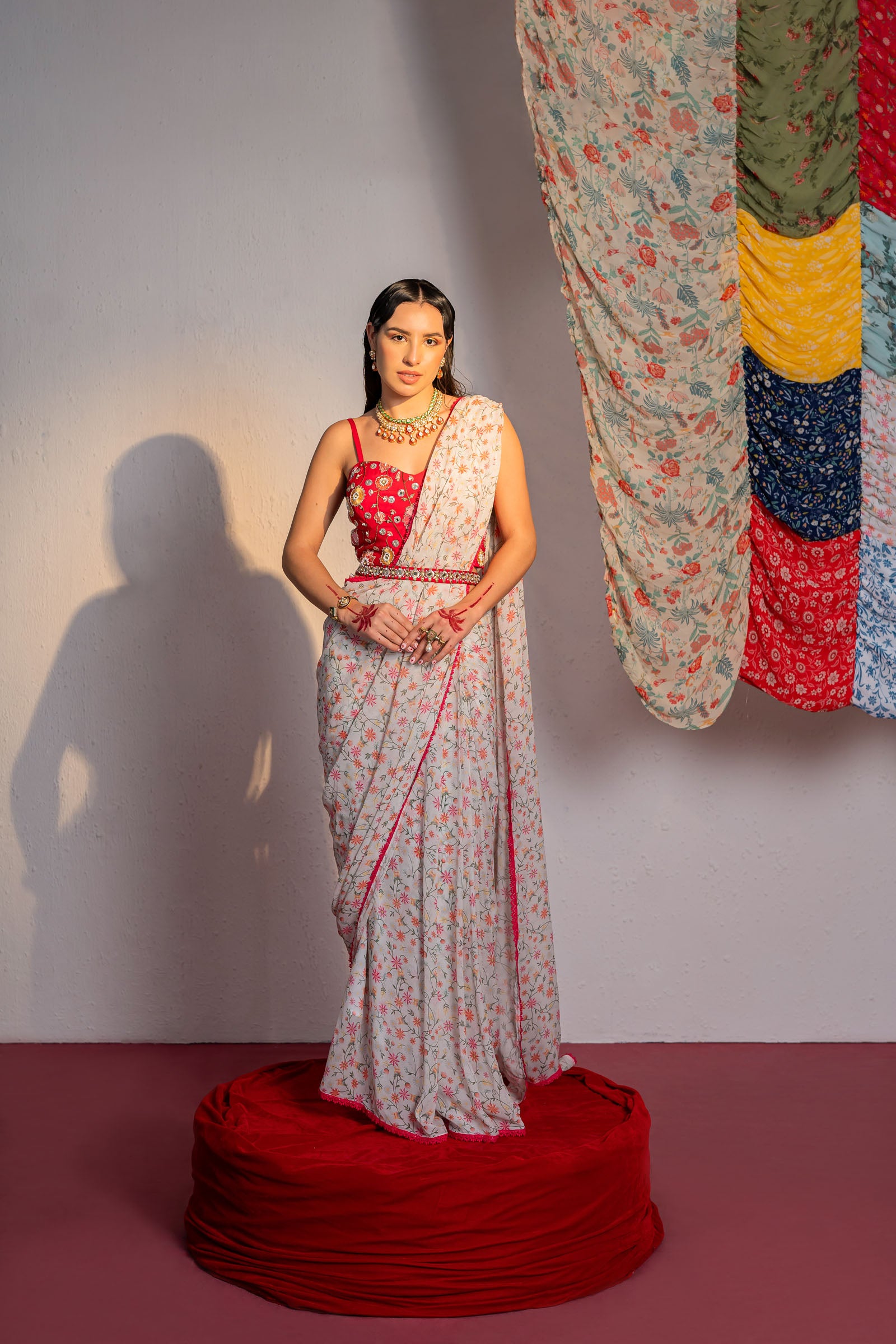 Ivory Printed And Embroidered Drape Saree Set image 1