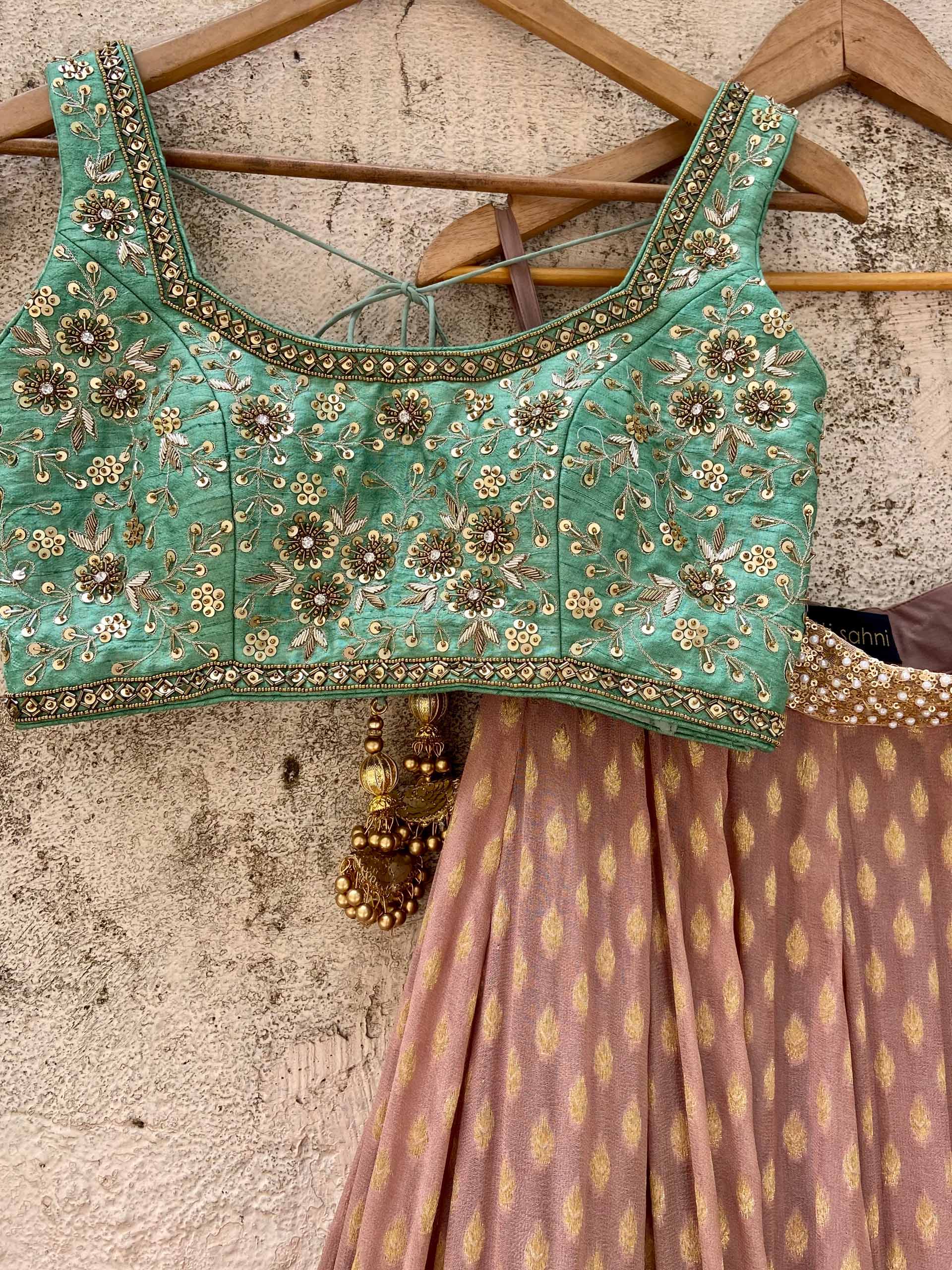 Chestnut Brown and Jade Green Zari Lehenga Set image 3