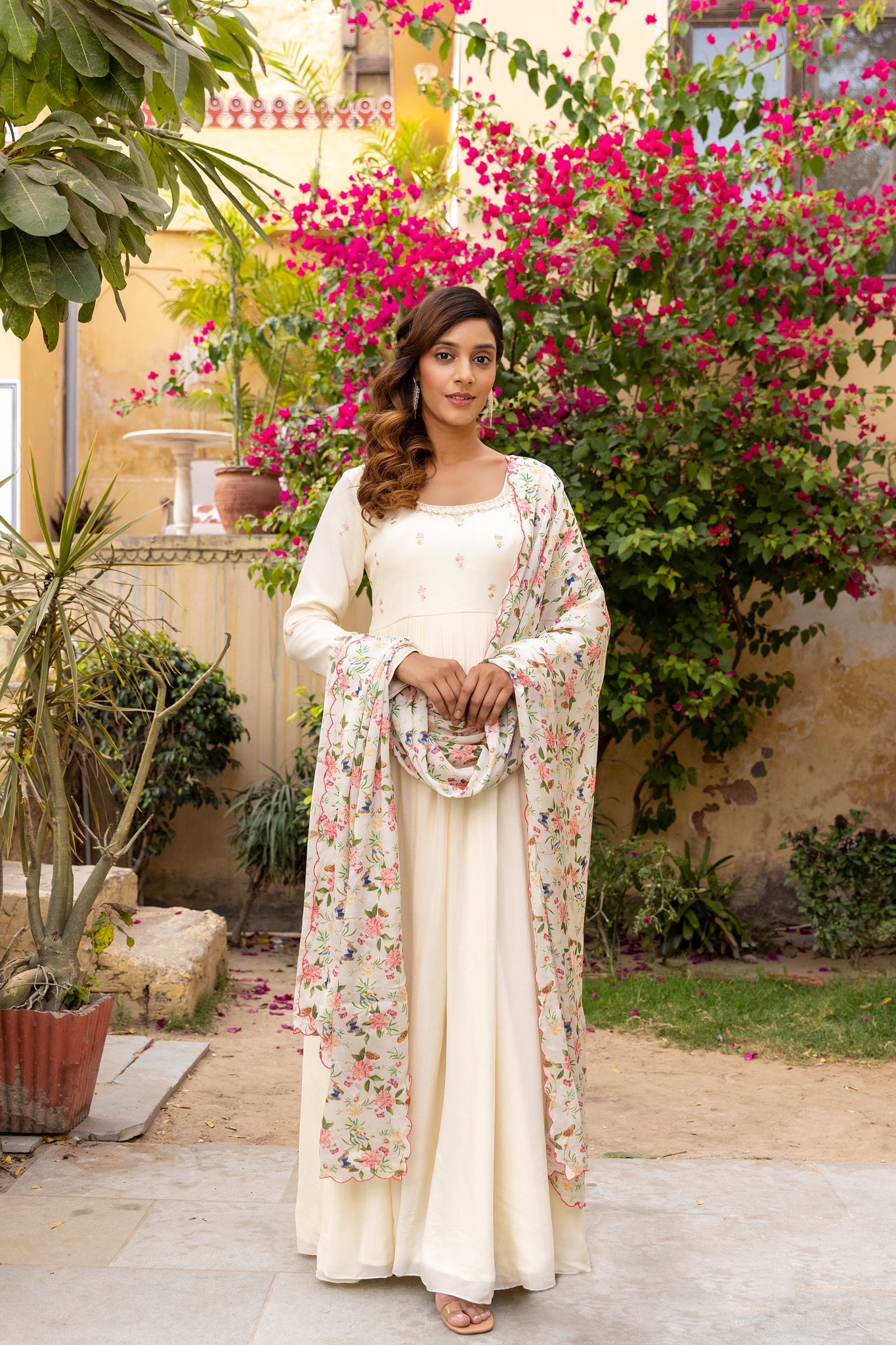 Off White Embroidered Yoke Anarkali Set image 0
