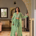 Green Georgette Draped Skirt &amp; Jacket Set image 0