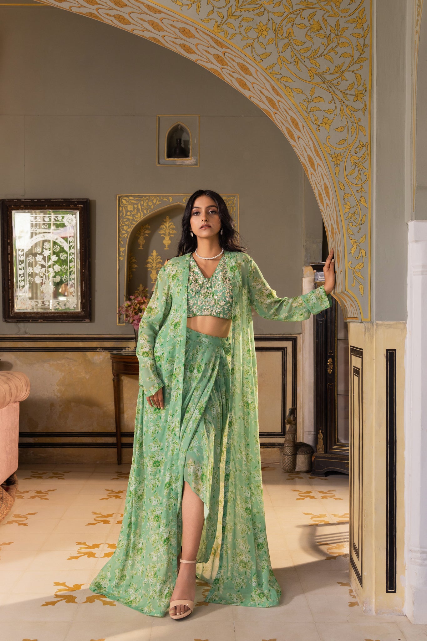 Green Georgette Draped Skirt &amp; Jacket Set image 0