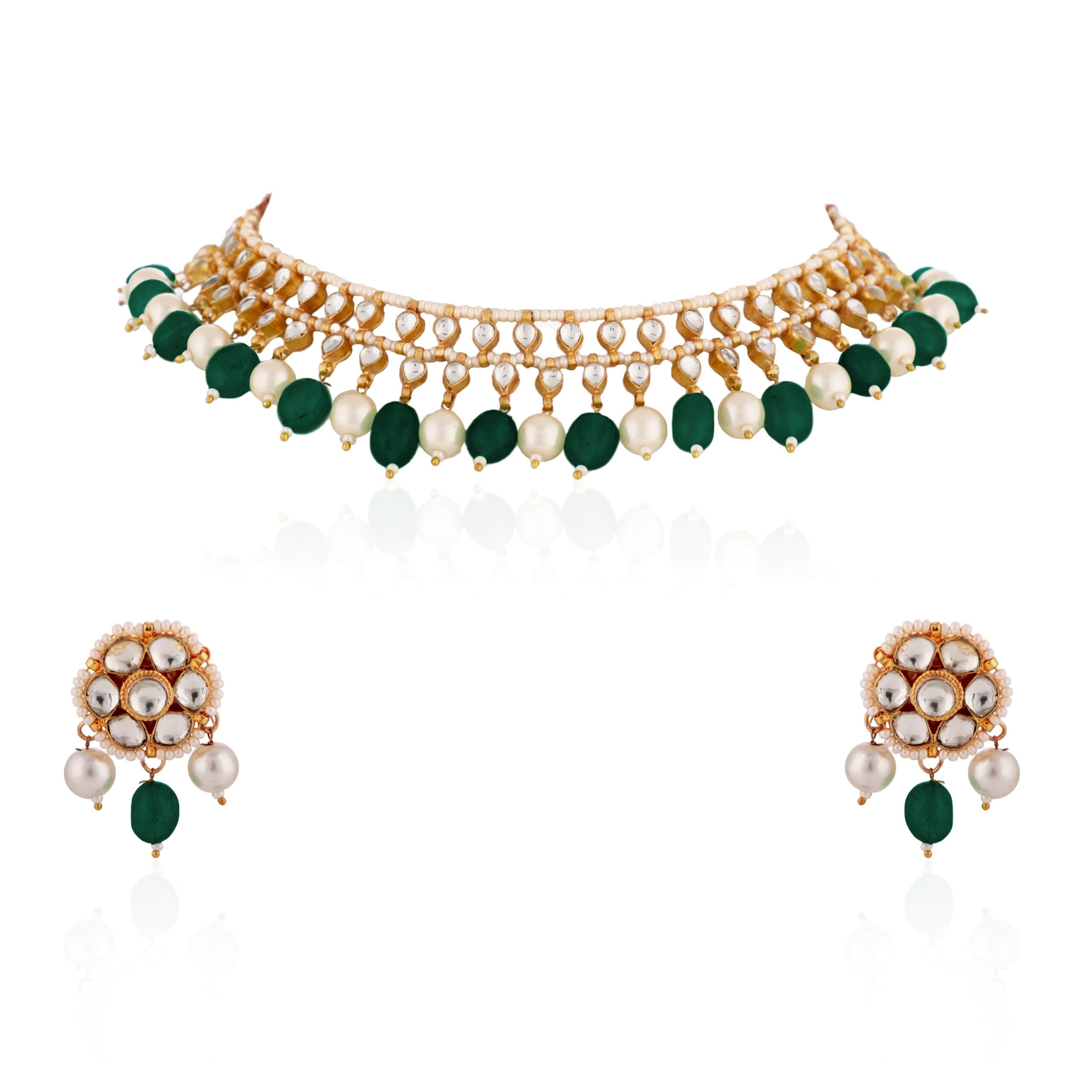 Green Beads And White Peal Choker Set image 0