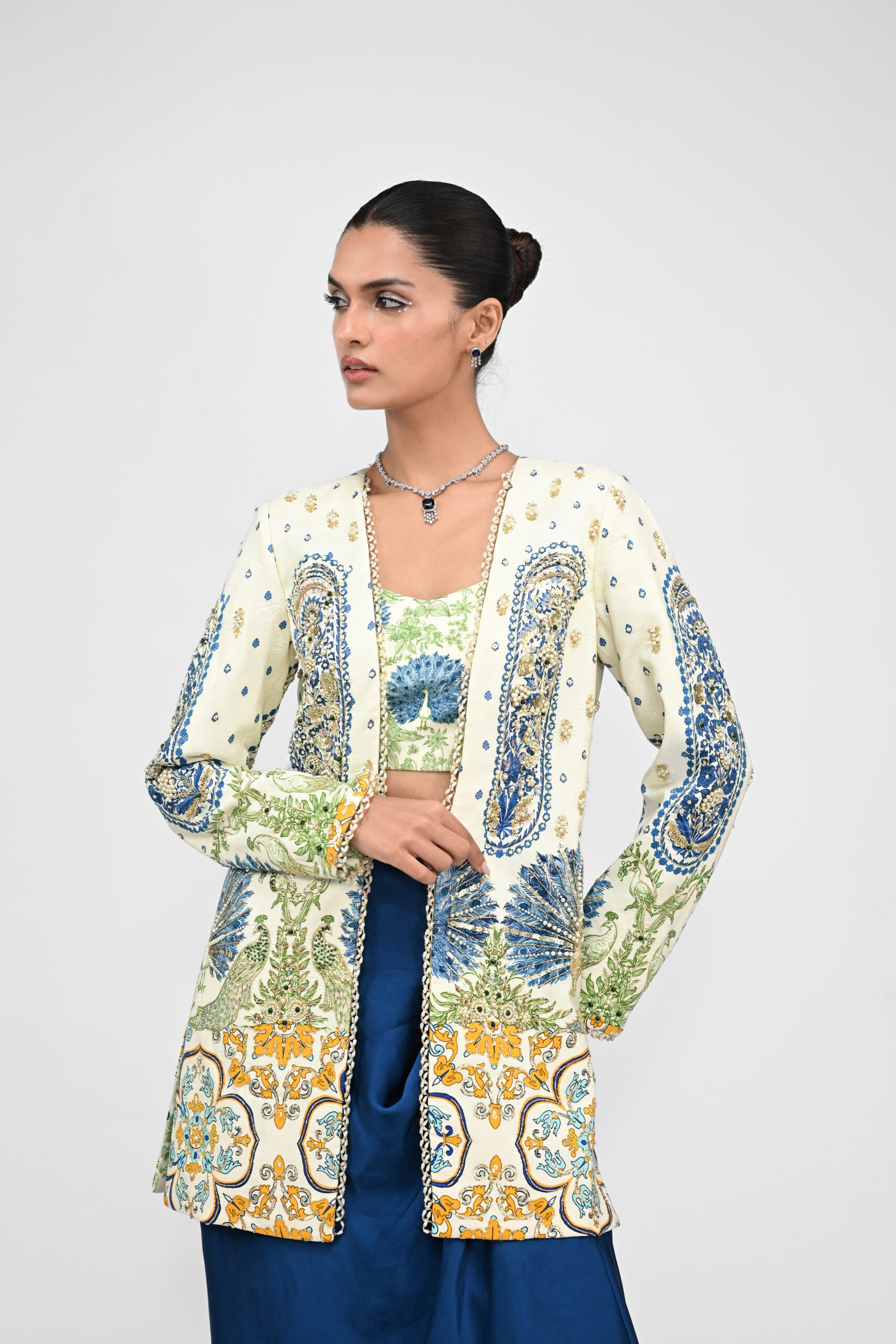 Royal Highlighted Blazer Paired With Peacock Bralette and Blue Cowl Skirt image 2
