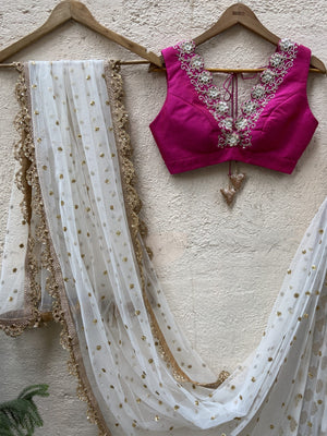 Ivory Ruffle Lehenga and Fuchsia Blouse Set image 1
