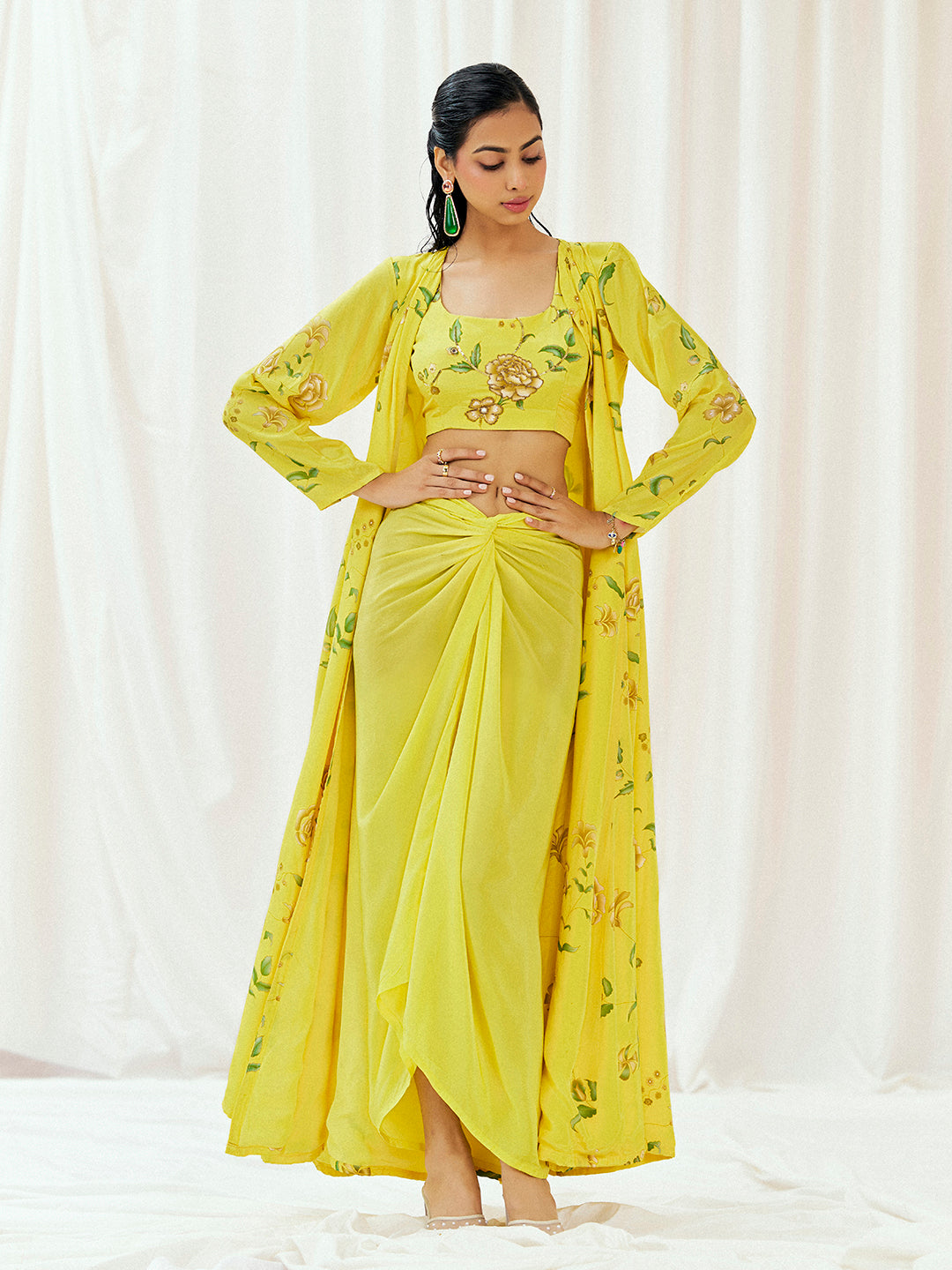 Bright Yellow Printed Embroidered Drape Skirt Set with Jacket image 3