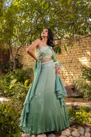 Green Georgette Crepe Embellished Lehenga Set image 1