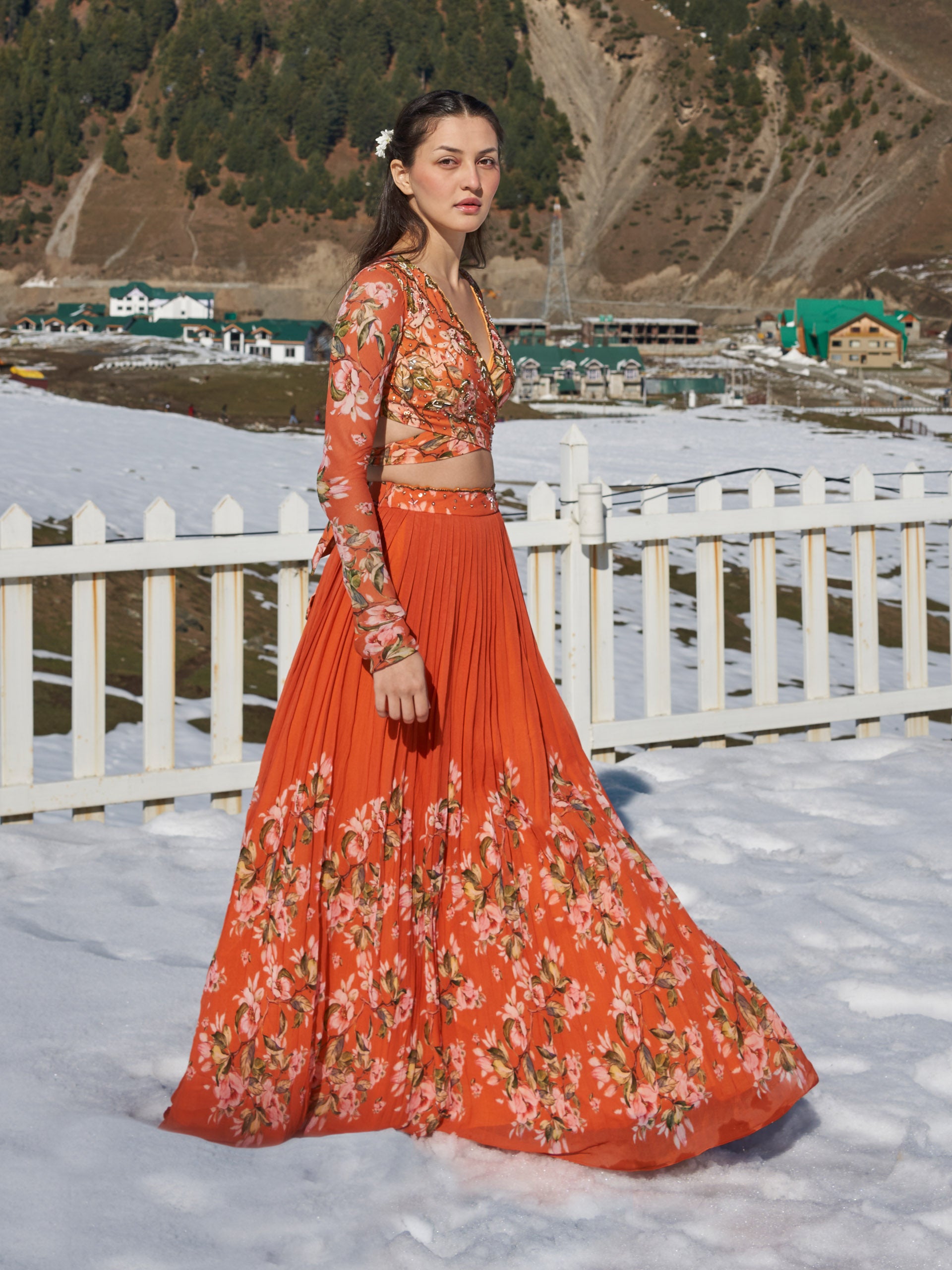 Orange Floral Lehenga Set - S image