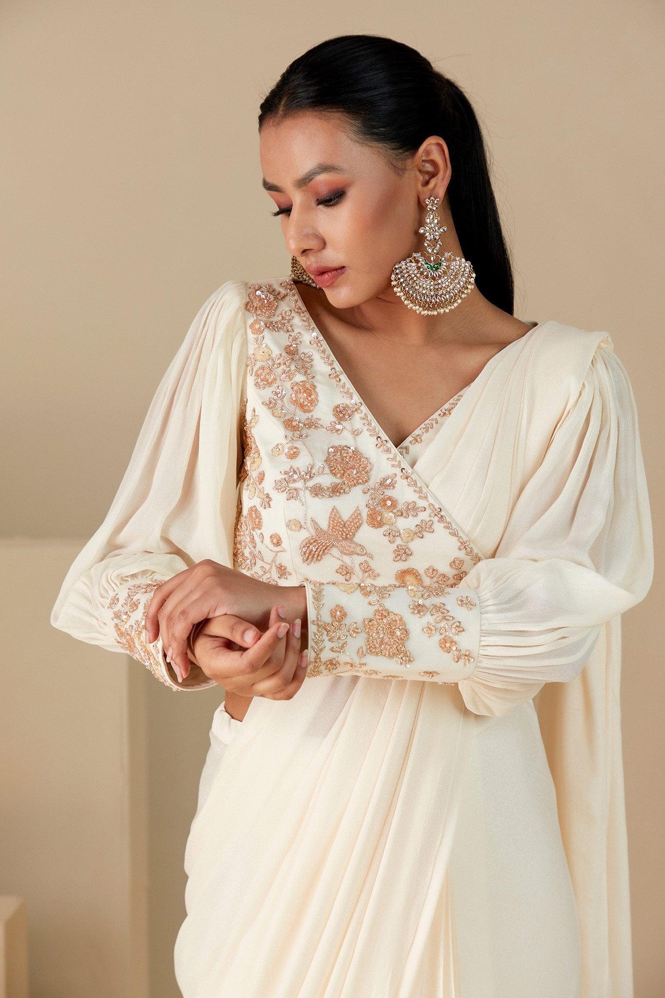 Off-White Ruffle Saree image 1