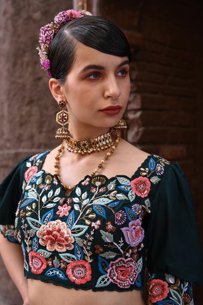 Bottle Green Embroidered and Embellished Heavy Lehenga Set image 2