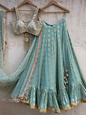 Ocean Green Lehenga Set with Mirror Bustier image 4