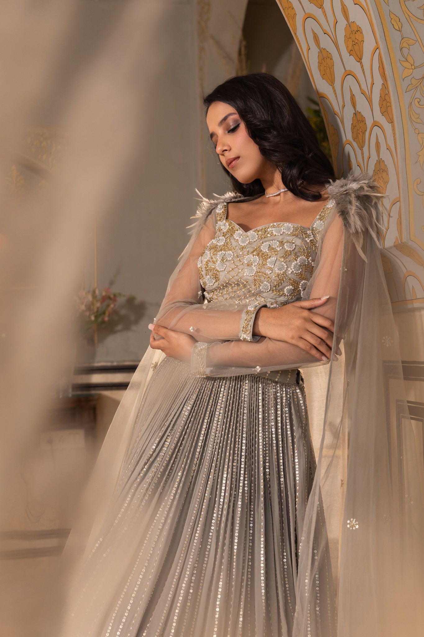 Grey Georgette Sequins Embroidered Blouse Lehenga Set - Custom image