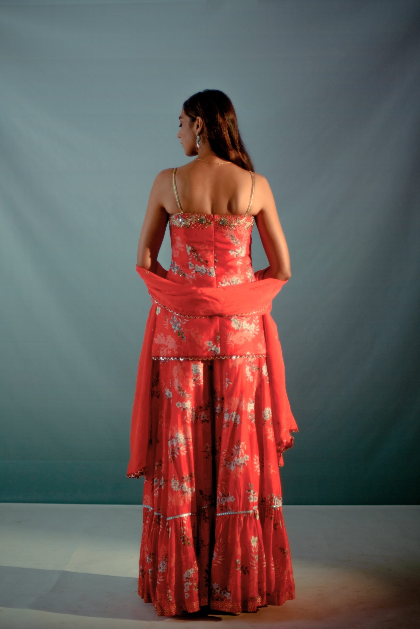 Scarlet Red Floral Detail Sharara Set image 4