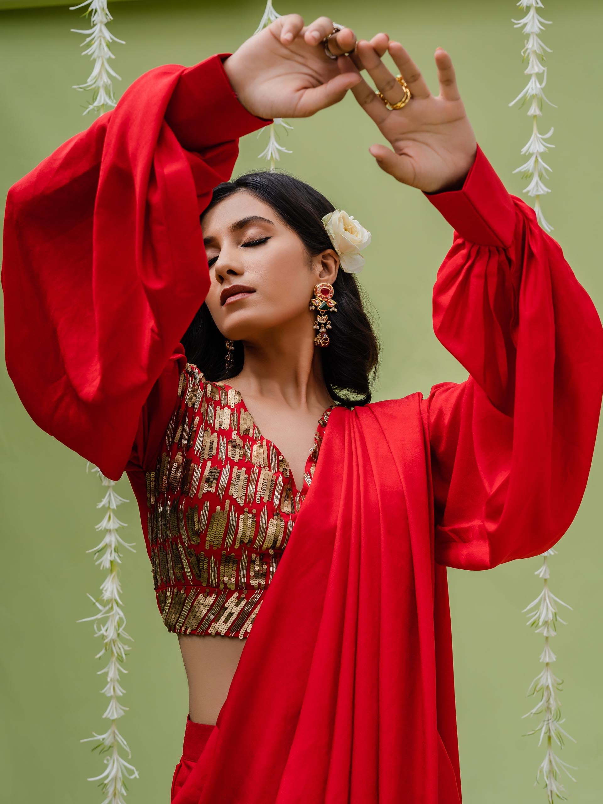 Hot Red Pre Draped Saree Set image 1
