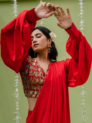 Hot Red Pre Draped Saree Set image 1