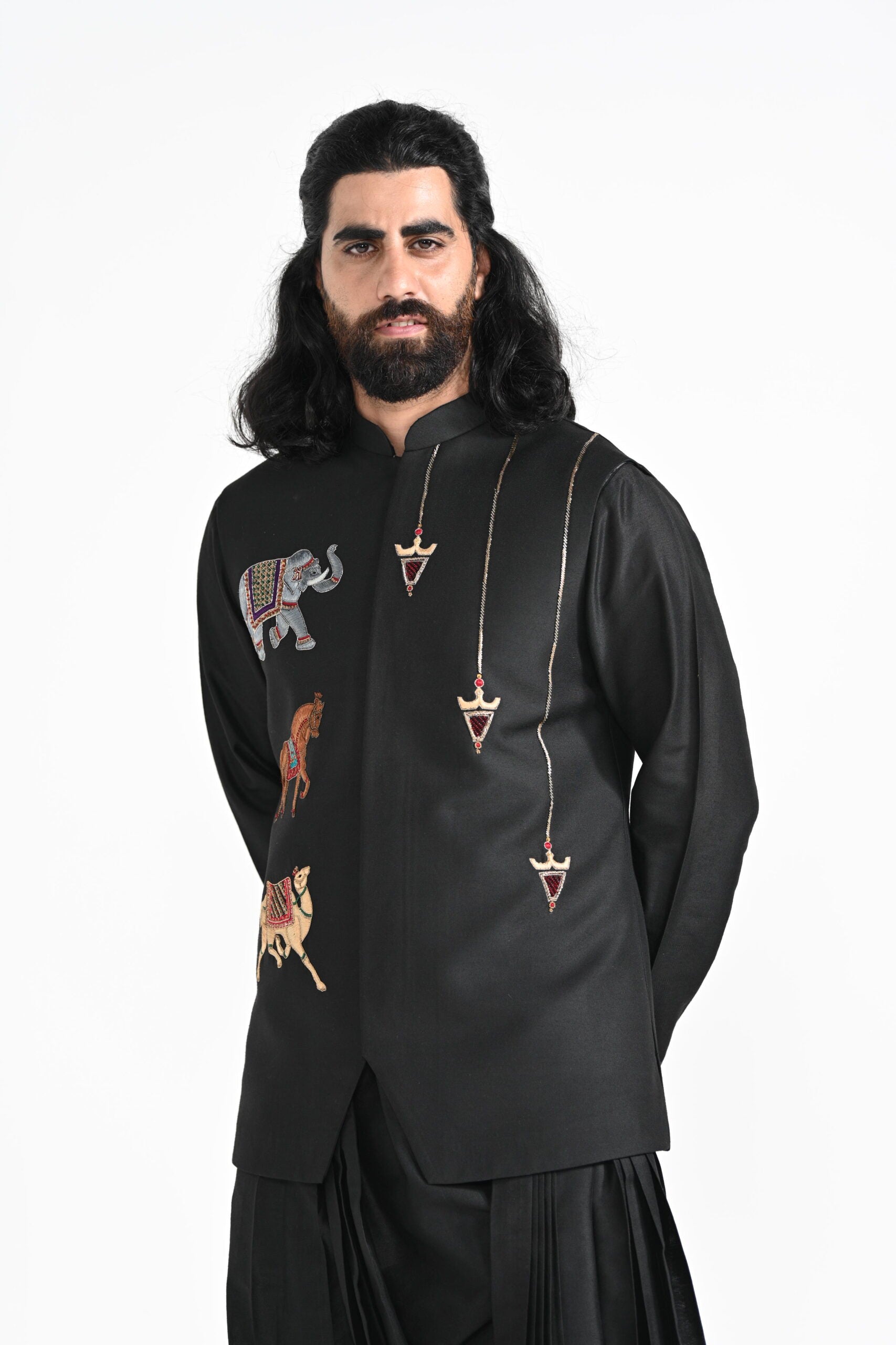Rajasthani Trotting Animals Nehru With Cowl Hem Drape Kurta Set image 6