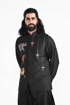 Rajasthani Trotting Animals Nehru With Cowl Hem Drape Kurta Set image 6