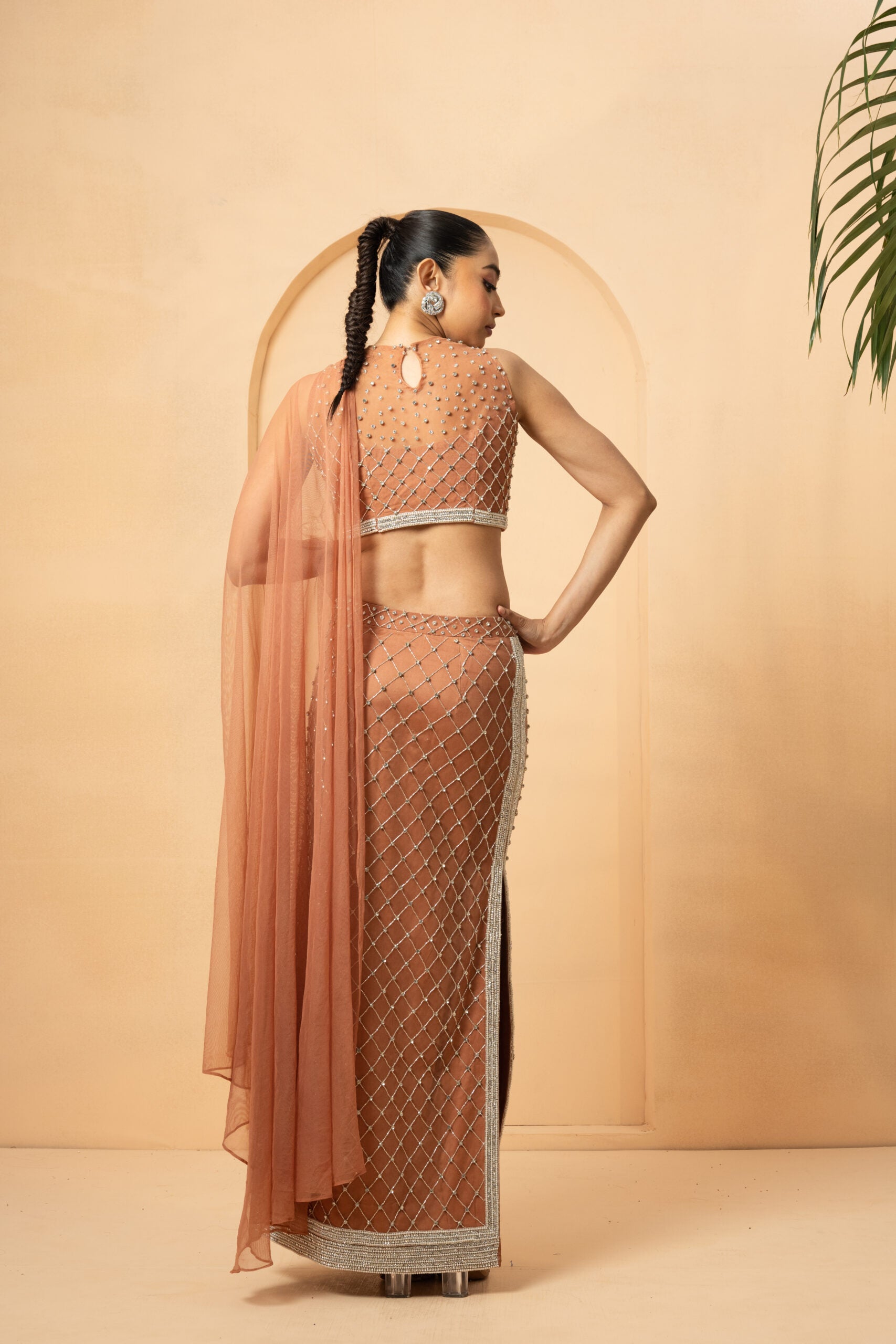 Beige Crystal Embellished Drape Saree image 1