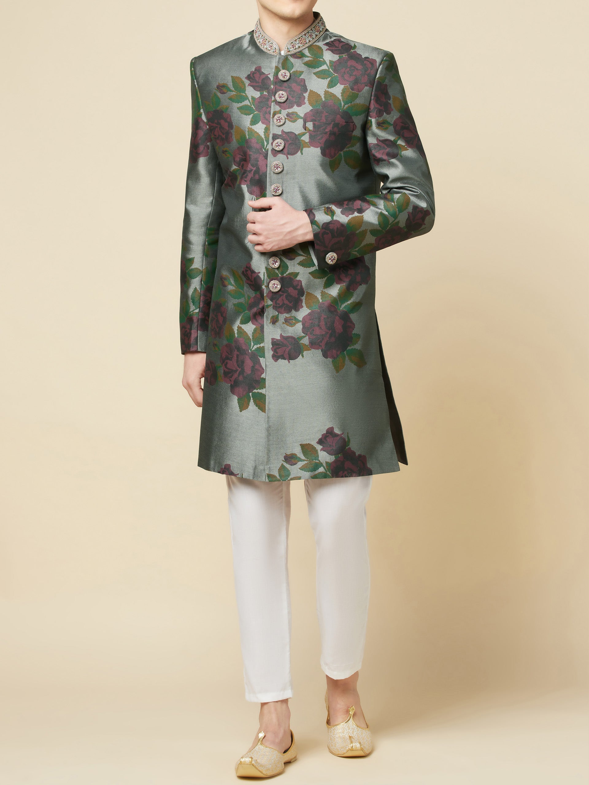 Grey Embroidered Sherwani Set image 6