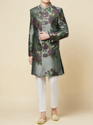 Grey Embroidered Sherwani Set image 6