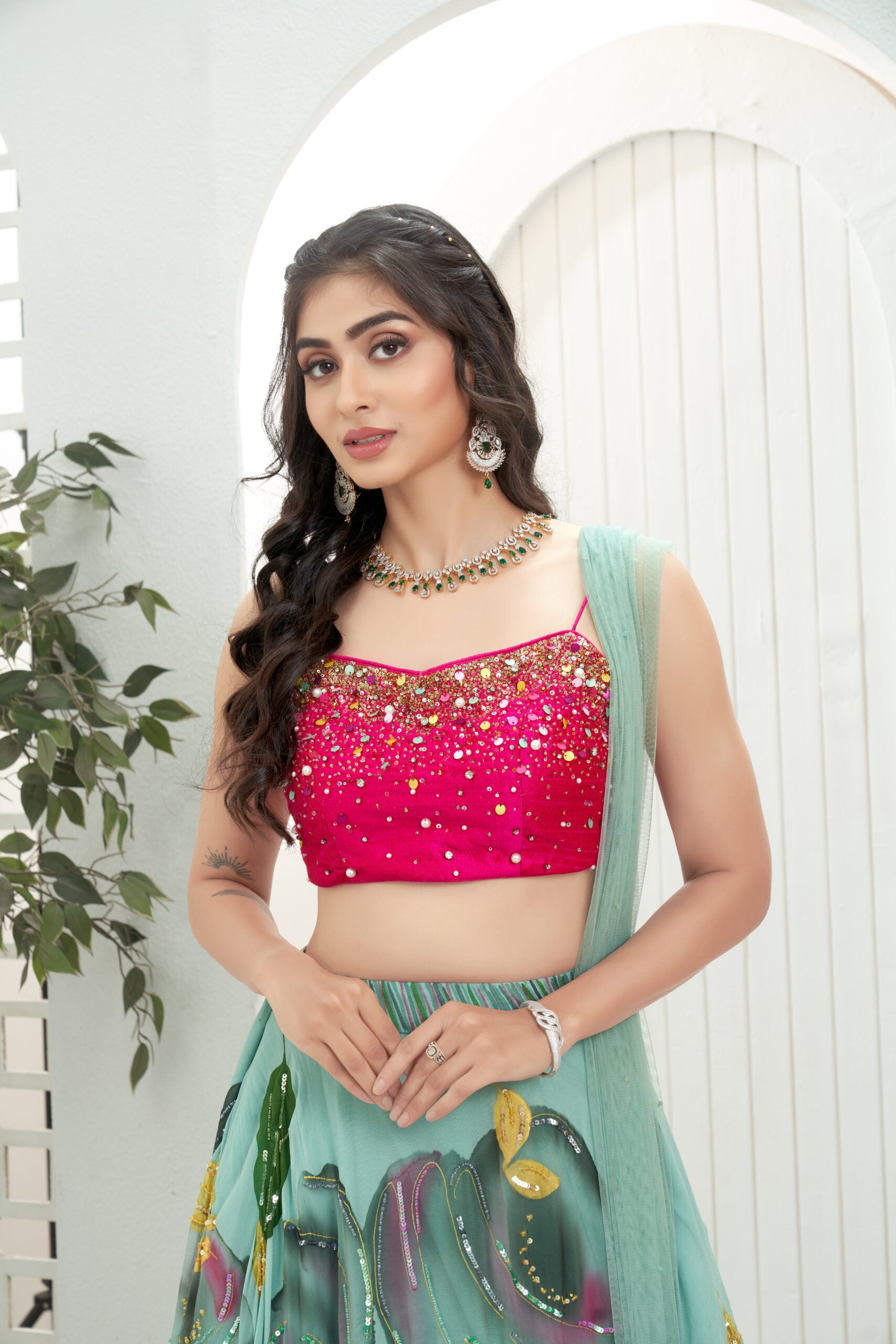 Dusty Blue hand painted lehenga with Pink embroidered bustier set image 2