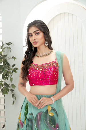 Dusty Blue hand painted lehenga with Pink embroidered bustier set image 2