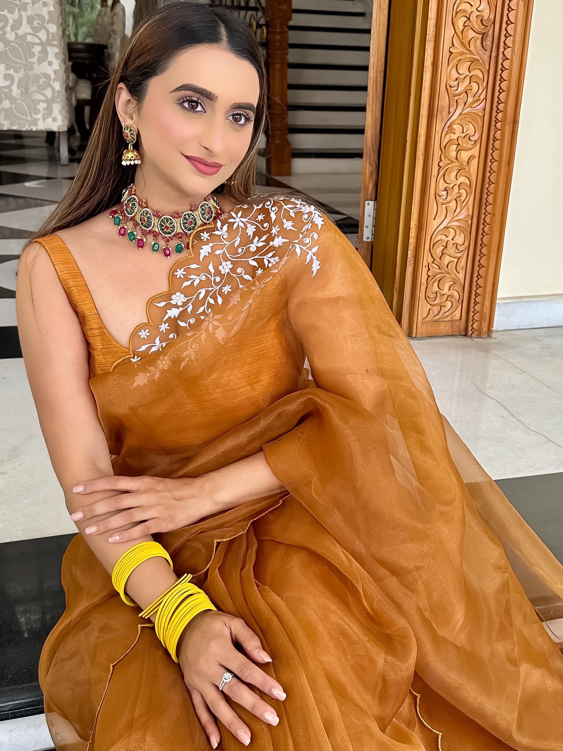 Dark Gold Orange Saree Set image 1