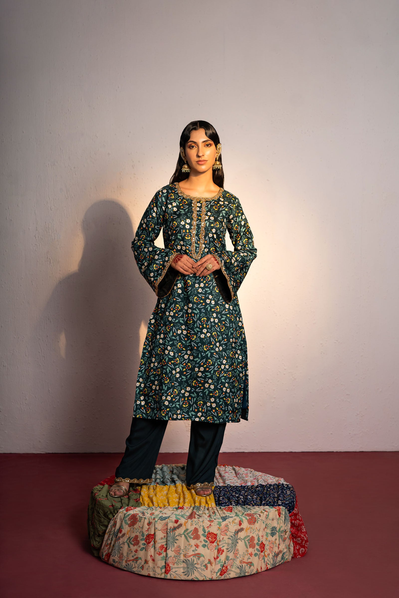 Royal Green Printed And Embroidered Kurta Set image 0