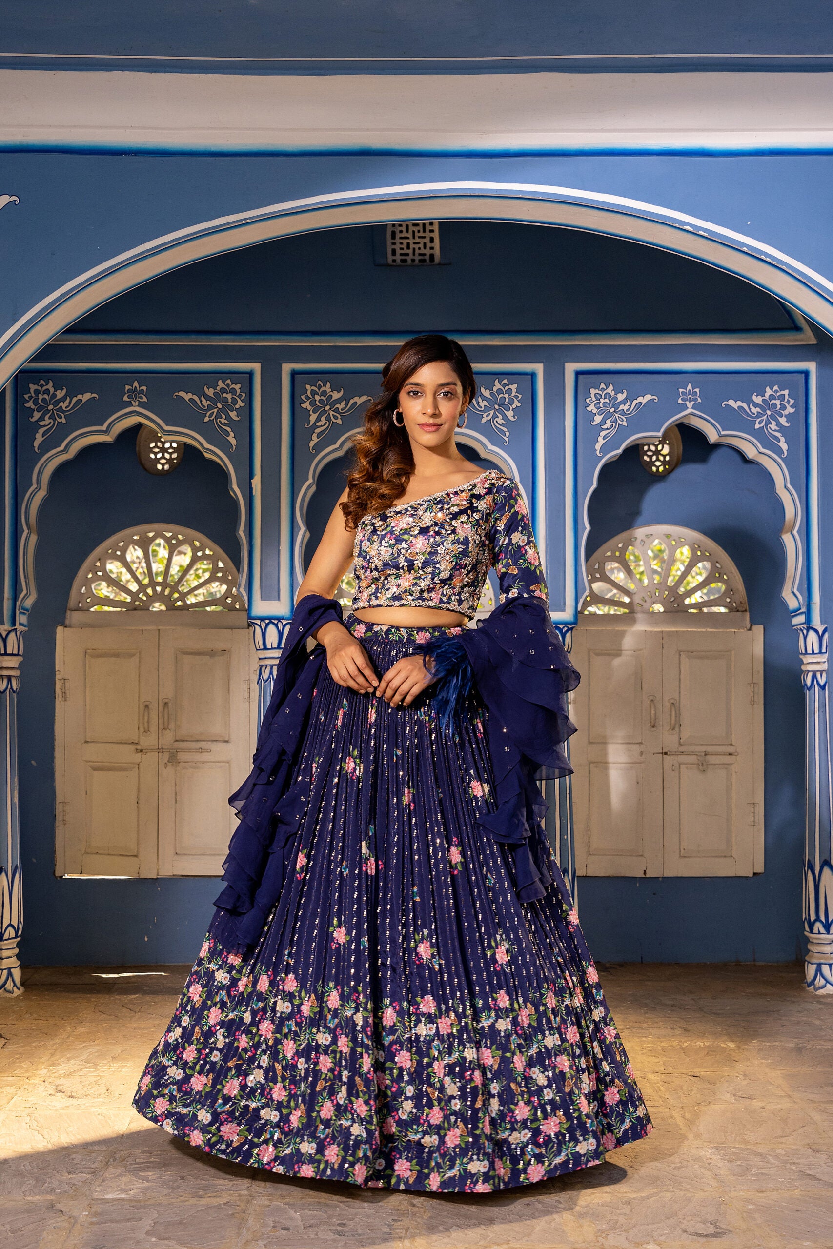 Navy Floral Blue Georgette Crepe Hand Embroidered Lehenga - Custom image